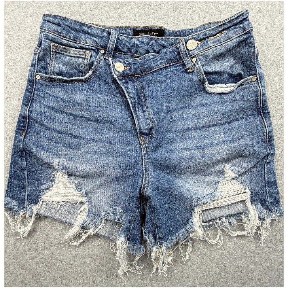Risen Jeans Willow Boutique Asymmetrical Crossover Denim Shorts Distressed Blue